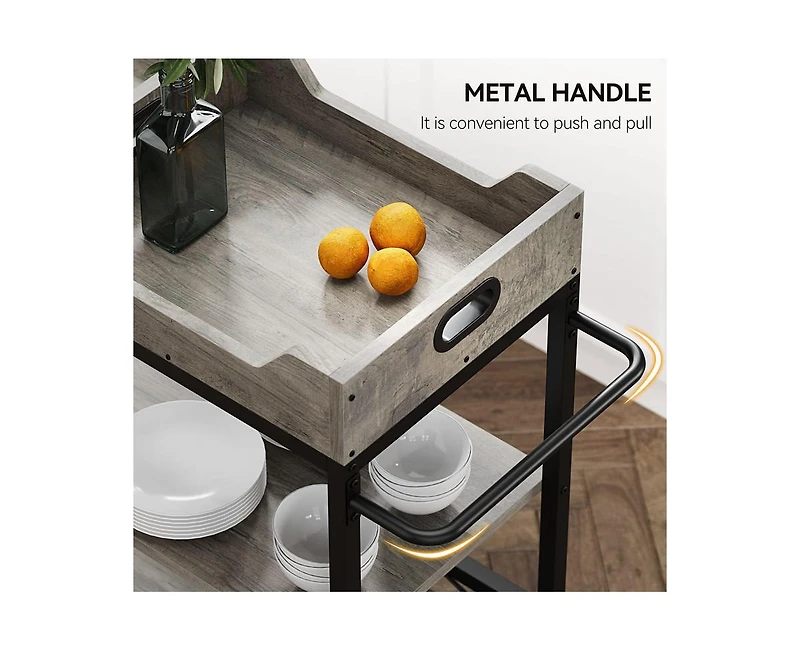 gaomon Bar Carts for The Home with 2 Portable Trays, 3 Tier Bar Cart with Wheels, Mobile Kitchen Shelf with Wine Rack and Glass Holder