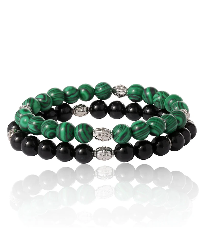 Lucky Brand Black and Green Beaded Stretch Bracelets - Two-Piece Natural Stone Set for Men