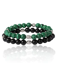 Lucky Brand Black and Green Beaded Stretch Bracelets - Two-Piece Natural Stone Set for Men