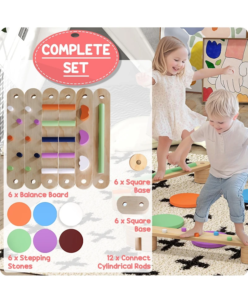 Qaba Kids Balance Beam, Wooden Balance Board with Stepping Stone