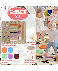 Qaba Kids Balance Beam, Wooden Balance Board with Stepping Stone