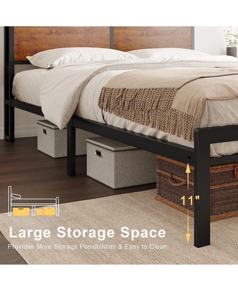 Hausource King/Twin Size Bed Frame with Storage Headboard & Charging Station No Box Spring Needed, King