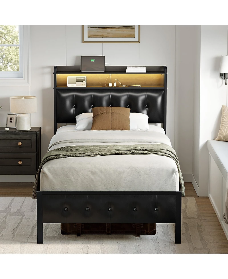 Hausource King/Twin Size Bed Frame with Storage Headboard & Charging Station Upholstered Platform Bed, Twin