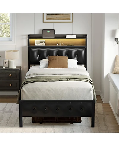 Hausource King/Twin Size Bed Frame with Storage Headboard & Charging Station Upholstered Platform Bed, Twin