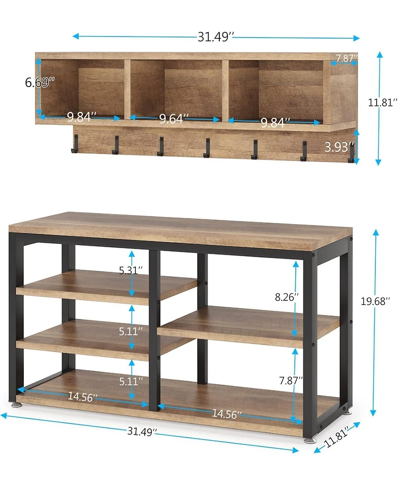 Tribesigns Coat Rack Set and Industrial Shoe Bench, 3 Storage Cubbies, 7 Hooks for Entryway, Hallway, 5-in-1Design
