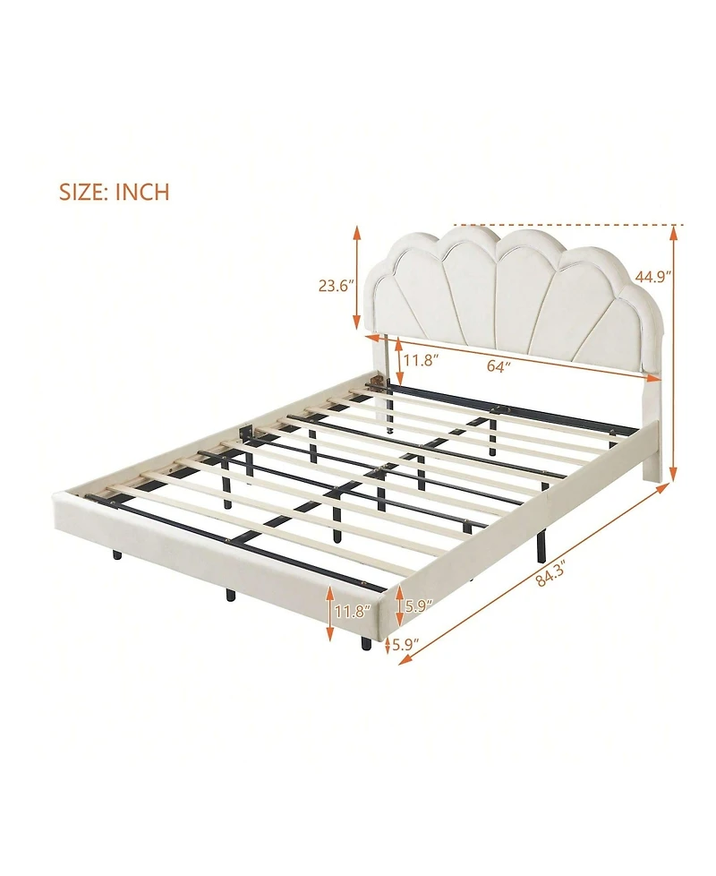 gaomon Queen Upholstered Bed Frame, Queen Platform Bed With Led Lights, Metal Legs, Flowers Headboard, Remote Control