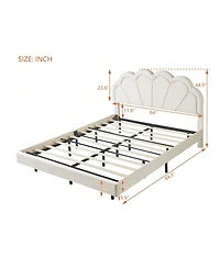 gaomon Queen Upholstered Bed Frame, Queen Platform Bed With Led Lights, Metal Legs, Flowers Headboard, Remote Control