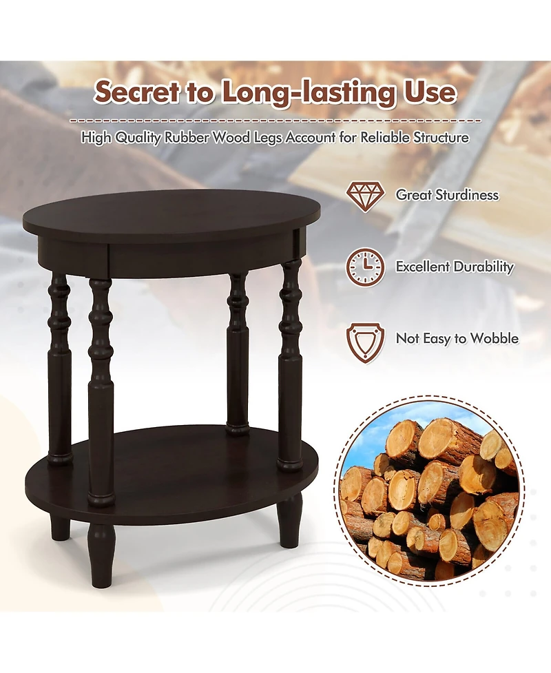 Gymax 2-Tier End Table Oval Compact Sofa Side Nightstand w/ Storage Shelf Espresso
