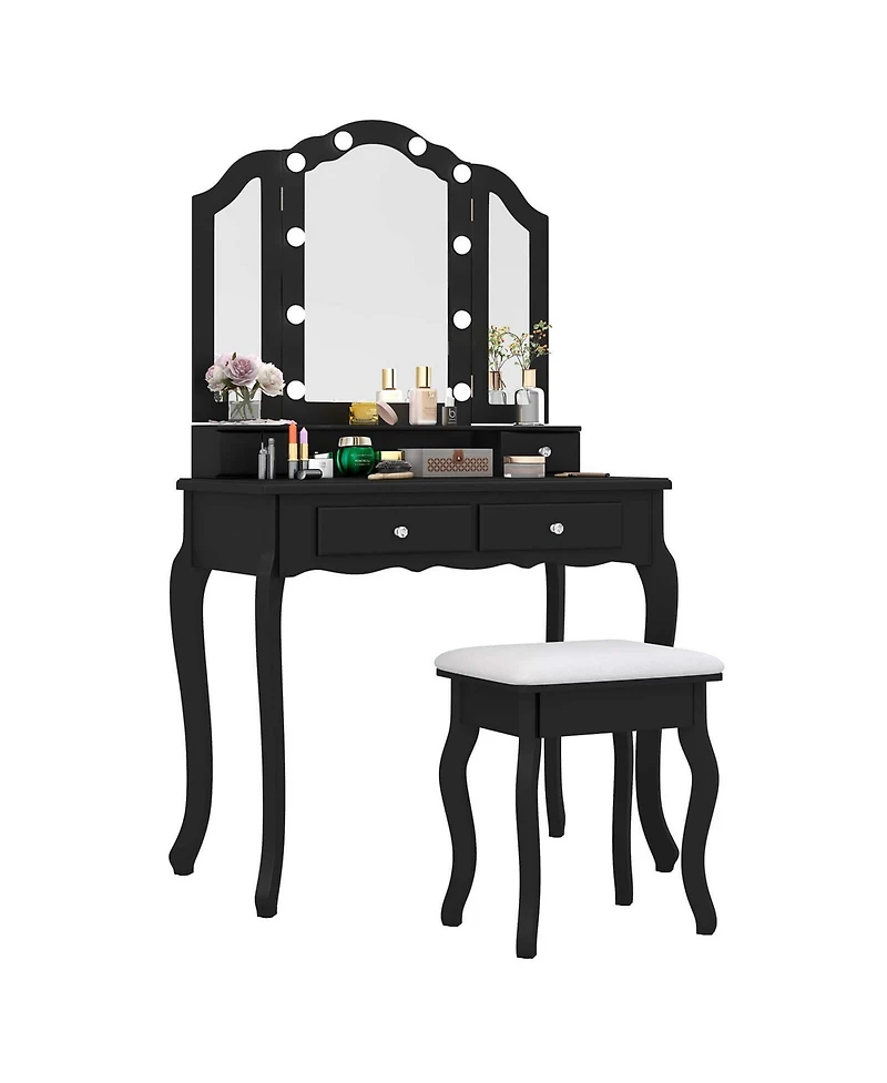 Makeup Vanity Set with Tri-Fold Mirror & Led Lights 4 Drawers Open Shelf