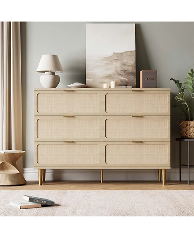 Rattan 6 Drawer Dresser for Bedroom, Large Double Dresser with Deep Drawers, Chest of Drawers