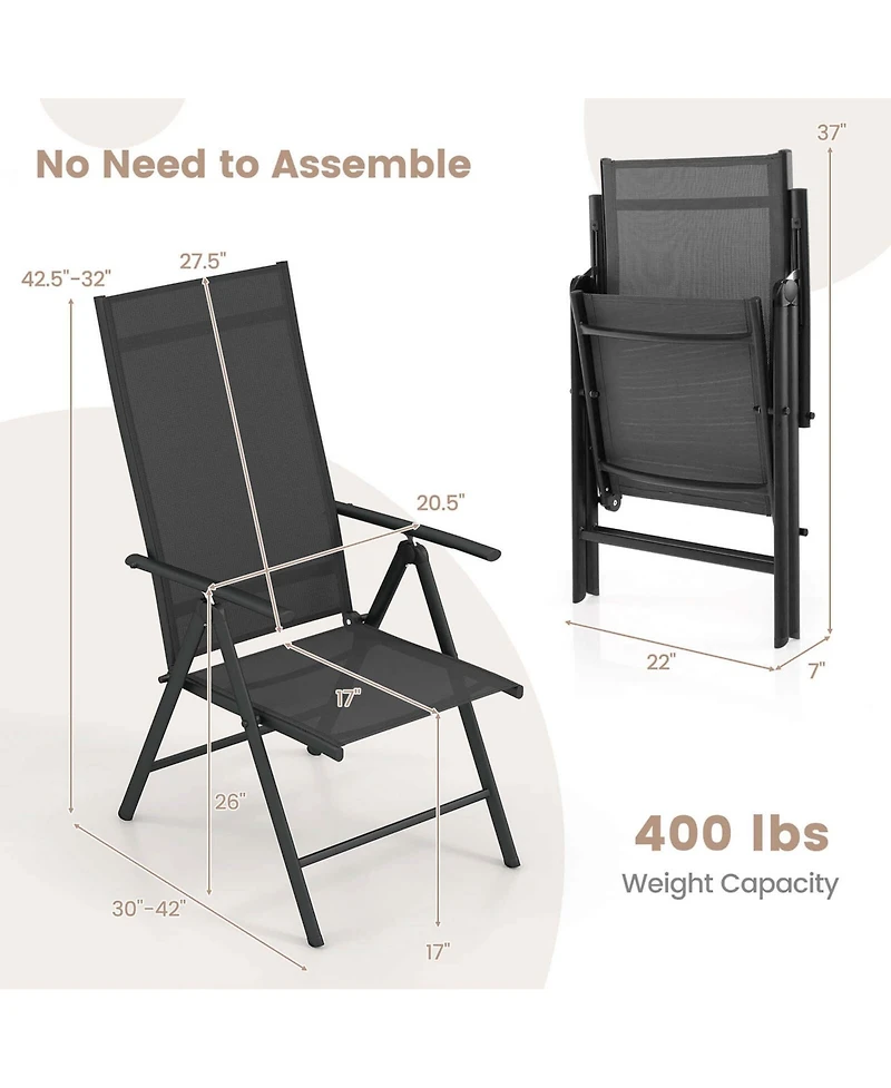 2 Pcs Patio Folding Dining Chair with 7-Level Adjustable High Backrest for Garden