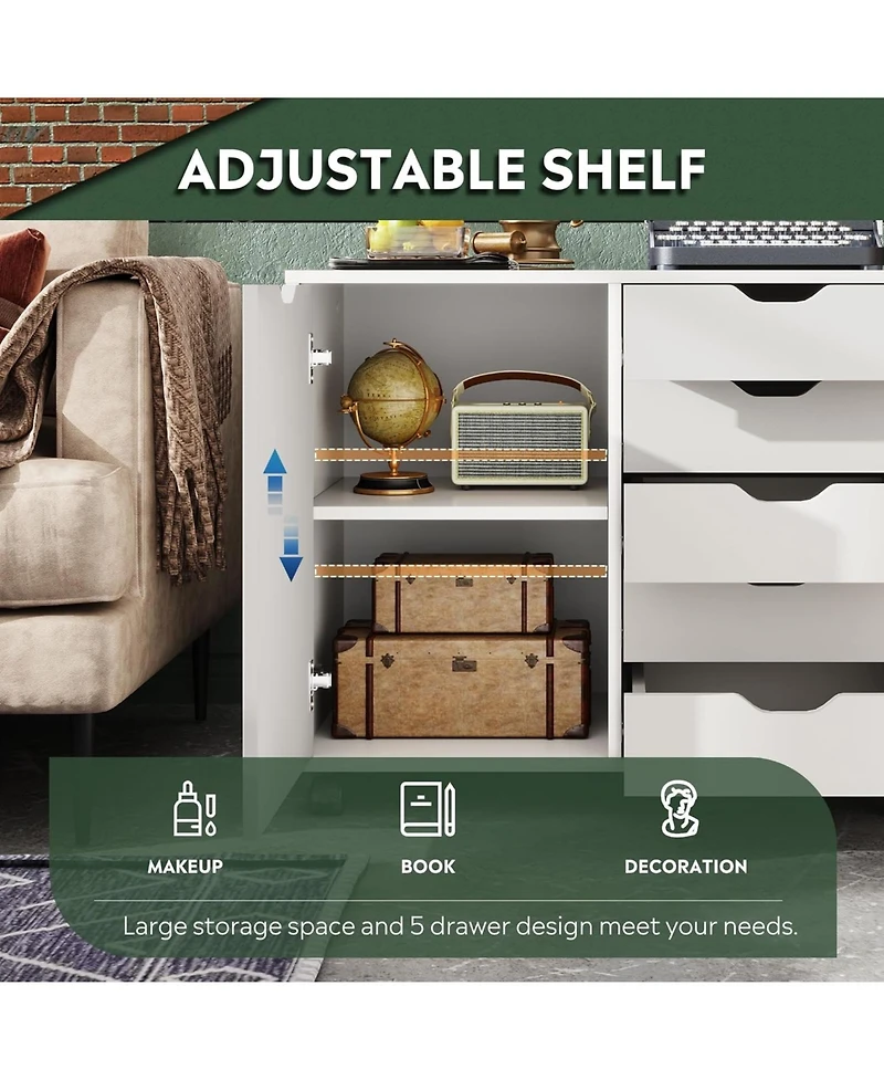 5-Drawer Wood Dresser Chest with Door, Mobile Storage Cabinet, Printer Stand for Home Office