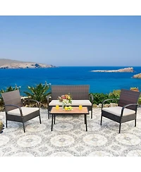 Sugift 4 Pieces Patio Cushioned Wicker Conversation Set with Acacia Wood Tabletop