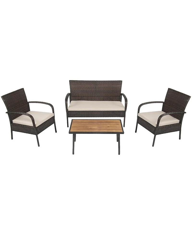 Sugift 4 Pieces Patio Cushioned Wicker Conversation Set with Acacia Wood Tabletop
