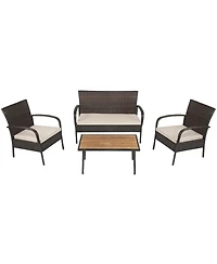 Sugift 4 Pieces Patio Cushioned Wicker Conversation Set with Acacia Wood Tabletop