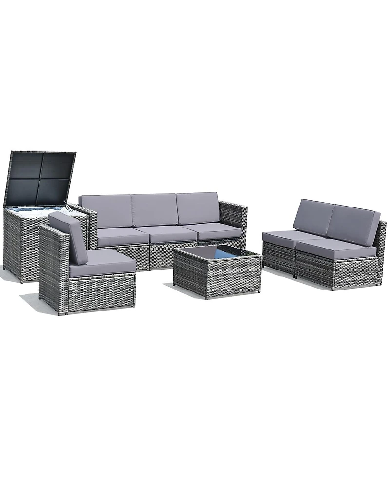Sugift 8 Pieces Wicker Sofa Rattan Dining Set Patio Furniture with Storage Table-Gray