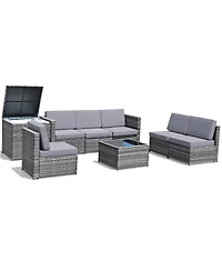 Sugift 8 Pieces Wicker Sofa Rattan Dining Set Patio Furniture with Storage Table-Gray
