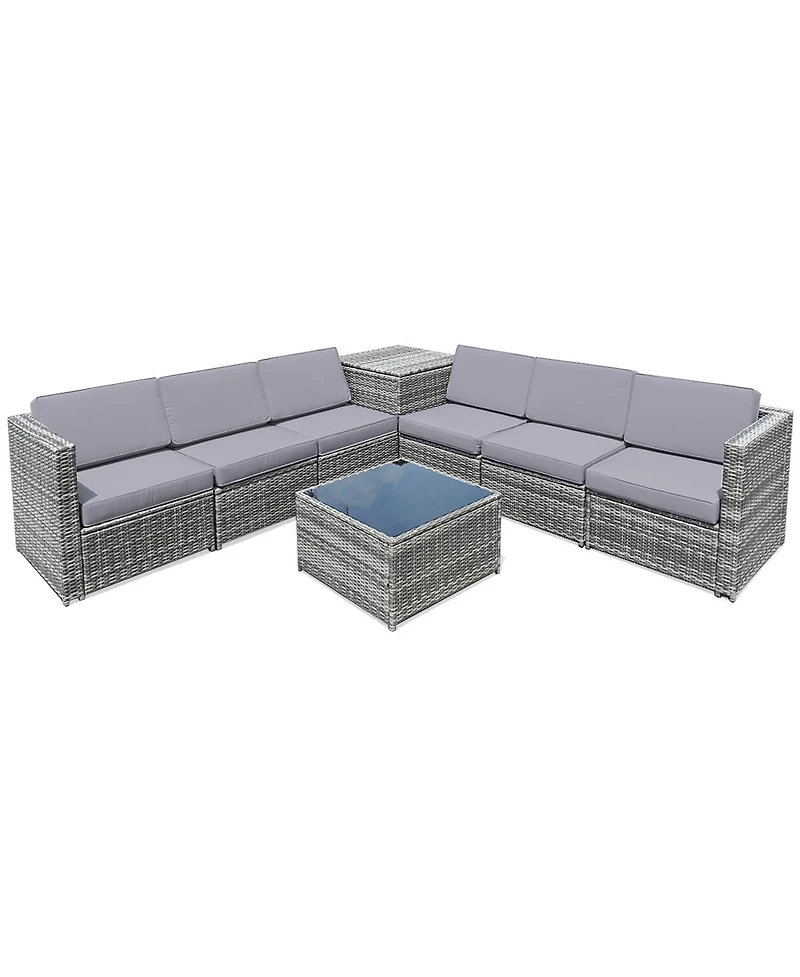 Sugift 8 Pieces Wicker Sofa Rattan Dining Set Patio Furniture with Storage Table-Gray