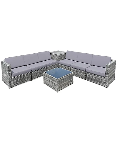 Sugift 8 Pieces Wicker Sofa Rattan Dining Set Patio Furniture with Storage Table-Gray
