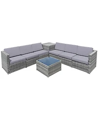Sugift 8 Pieces Wicker Sofa Rattan Dining Set Patio Furniture with Storage Table-Gray