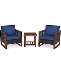 Sugift 3 Pieces Patio Wicker Furniture Set with Acacia Wood Coffee Table and Washable Cushion-Navy