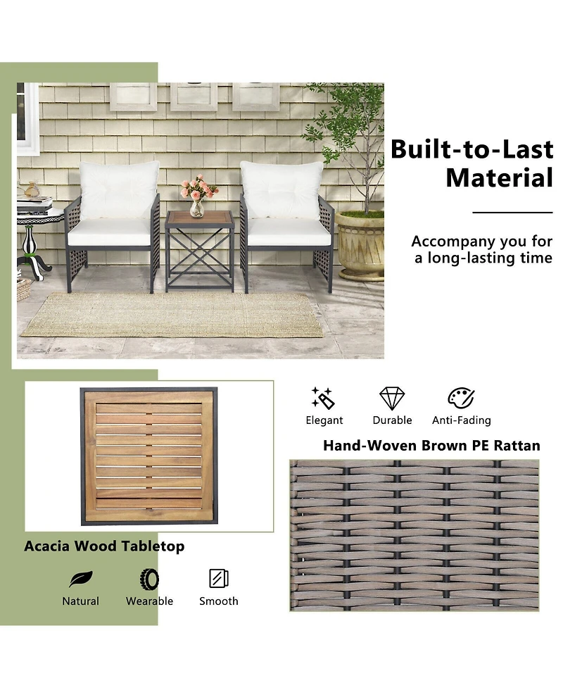 Sugift 3 Pieces Patio Rattan Furniture Set with Acacia Wood Tabletop-White