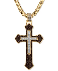 Esquire Men's Jewelry Diamond & Brown Carbon Fiber Cross Pendant Necklace (1/10 ct. t.w.) in Gold-Tone Ion-Plated Stainless Steel, 22"
