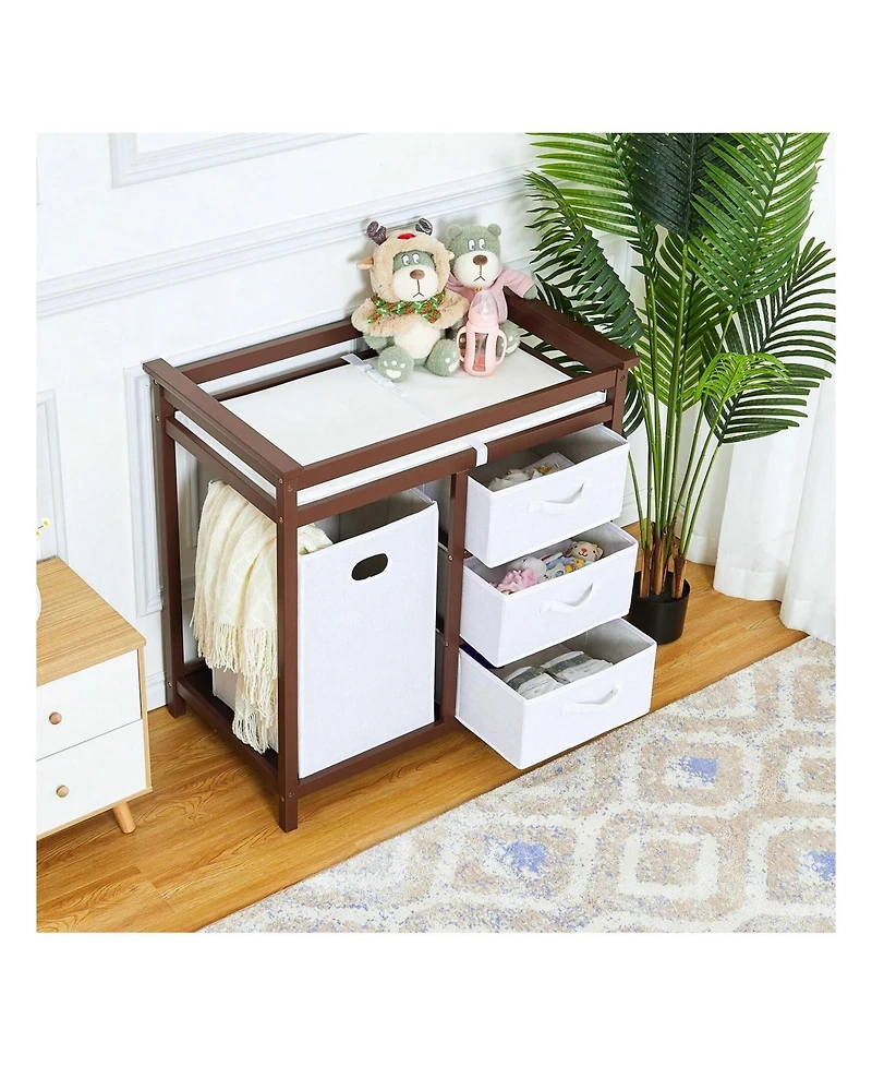 gaomon Wooden Baby Changing Table, Diaper Changing Table, Infant Diaper Changing Station Dresser With Laundry Hamper, 3 Drawer Basket And Changing Pad