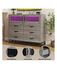 Dresser For Bedroom With Led Lights And Charging Station, 6 Drawer Double Dresser With 2 Shelves, Wide Modern Wooden Chest Of Drawers For Bedroom, Ent