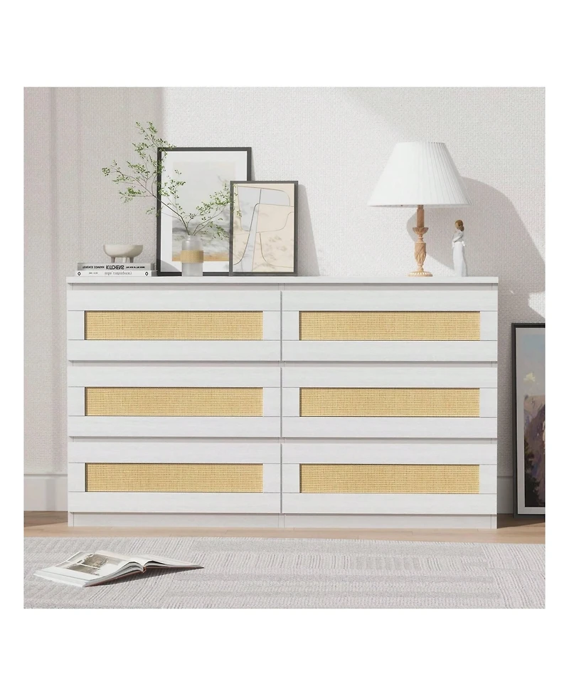 gaomon Rattan Dresser For Bedroom, 6 Drawer Dresser For Bedroom, Modern Wide Chest Of Drawers With Anti-Tip Kit