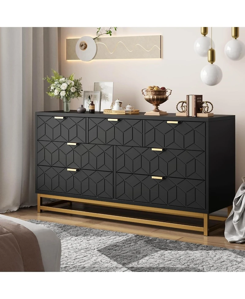 gaomon Dresser for Bedroom, Large 7 Drawer Dresser Organizer with Golden Metal Handle and Legs,Black