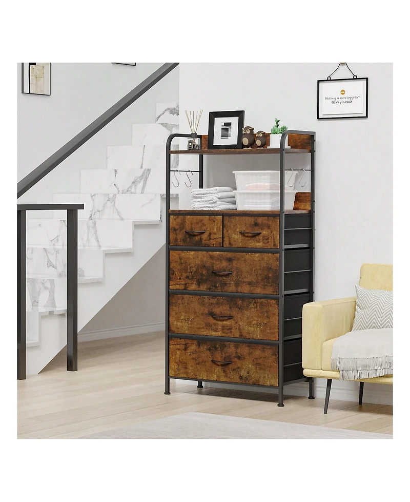 Dresser For Bedroom With 5 Drawers, Dressers & Chests Of Drawers For Hallway, Entryway, Storage Organizer Unit With Fabric, Sturdy Metal Frame, Wood T