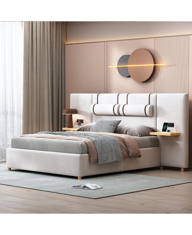 Slickblue Queen Size Upholstered Platform Bed with Dual Outlets and Usb Charging Ports on Each Side
