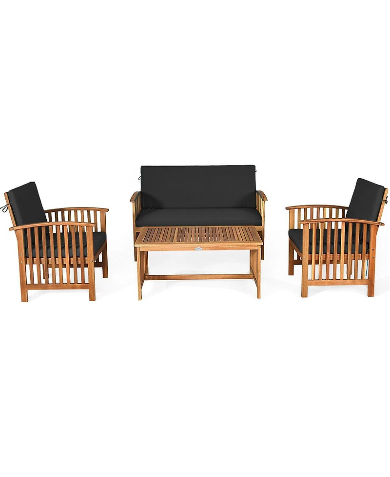 Sugift 4 Pieces Patio Solid Wood Furniture Set with Water Resistant Cushions