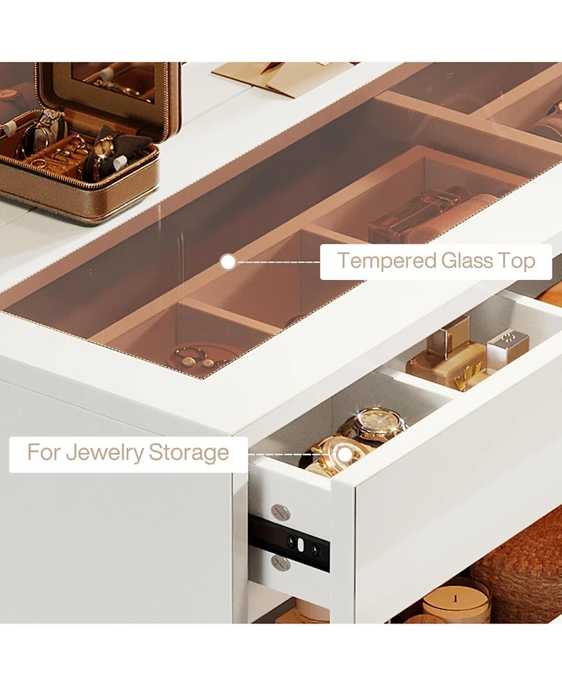 Tribesigns 6 Drawer Dresser with Jewelry Display Storage, Modern White 55" Chest of Dresser with Glass Top, Wood Double Dresser Storage Organizer for