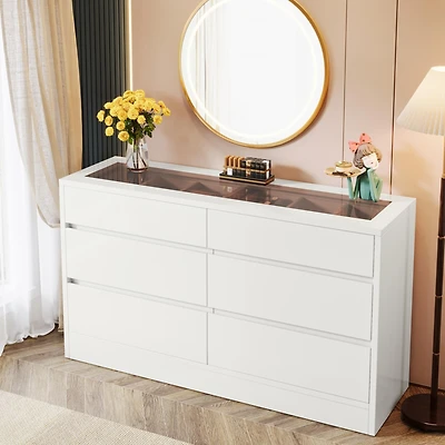 Tribesigns 6 Drawer Dresser with Jewelry Display Storage, Modern White 55" Chest of Dresser with Glass Top, Wood Double Dresser Storage Organizer for