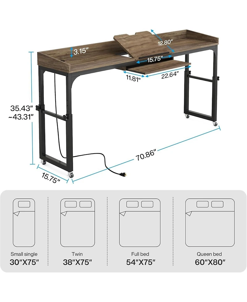 Tribesigns Height Adjustable Overbed Table with Wheels, Queen Size Mobile Over Bed Desk with Adjustable Tilt Stand, Mobile Laptop Cart Computer Desk w