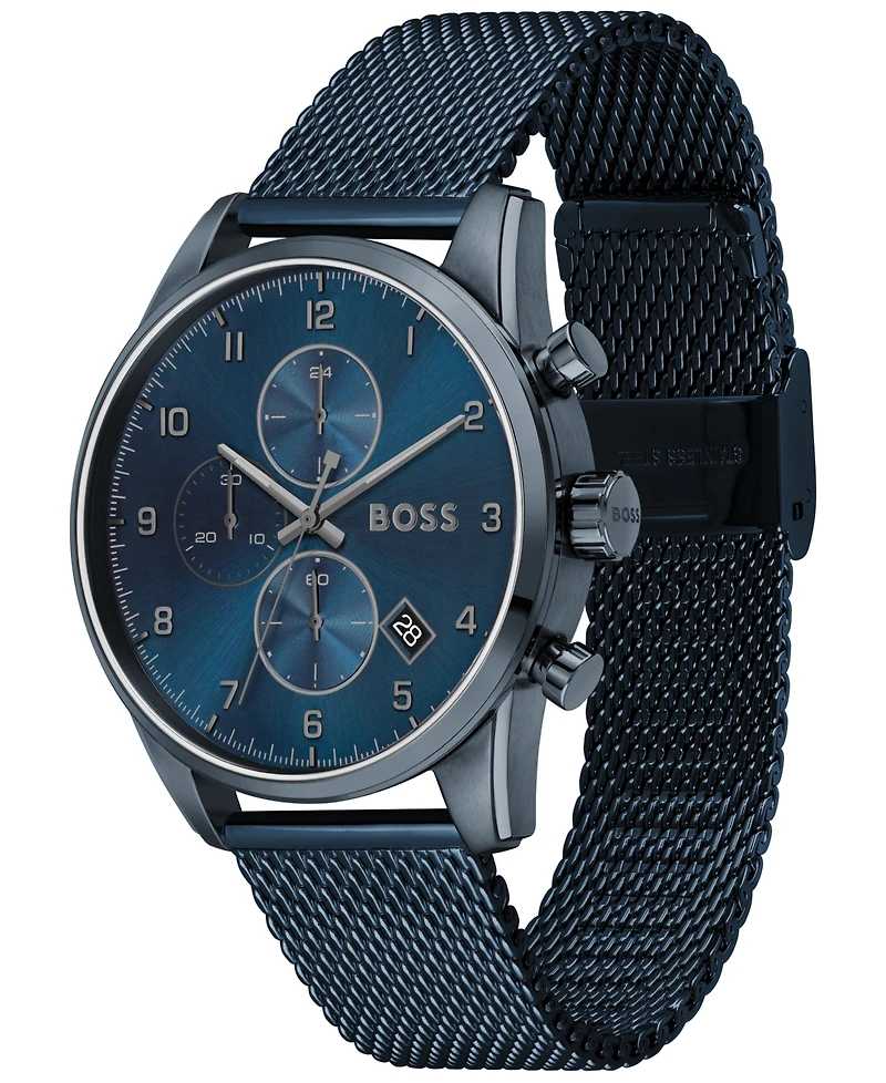 Hugo Boss Men's Chronograph Skymaster Blue Ion-Plated Mesh Steel Bracelet Watch 44mm
