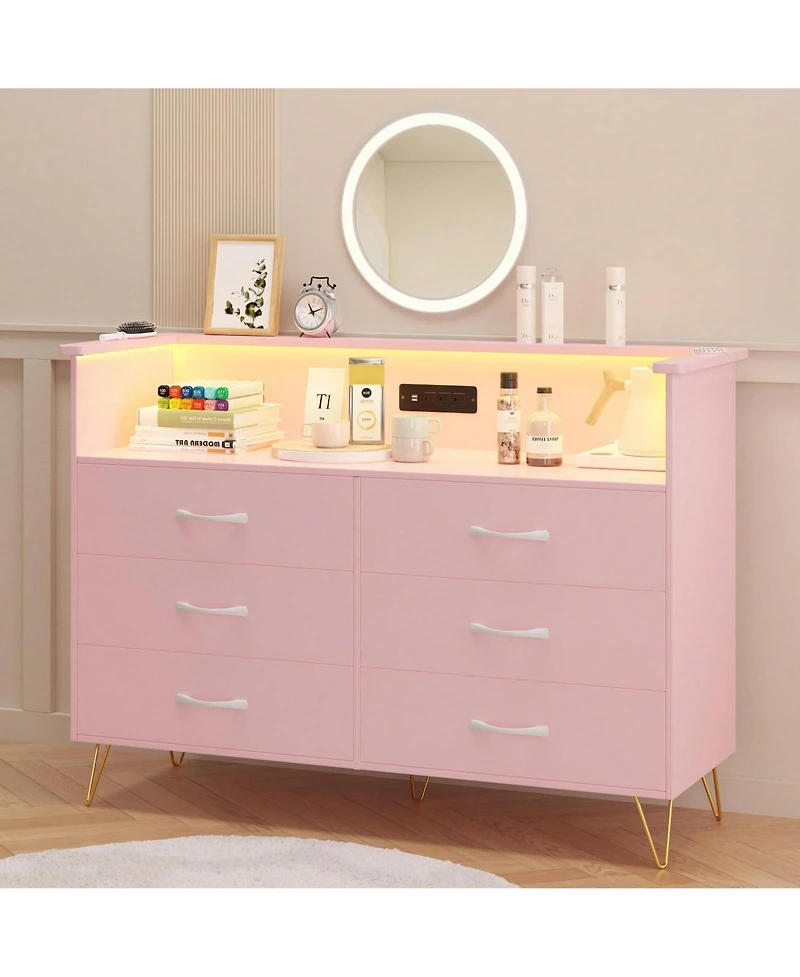 Dresser For Bedroom With Led Light & Charging Station, 6 Wooden Drawers Dressers With 2-Tier Open Shelves, Modern Chest Of Double Wide Drawers For Liv