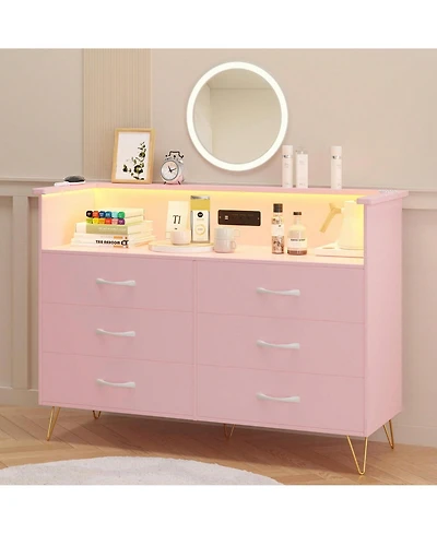 Dresser For Bedroom With Led Light & Charging Station, 6 Wooden Drawers Dressers With 2-Tier Open Shelves, Modern Chest Of Double Wide Drawers For Liv