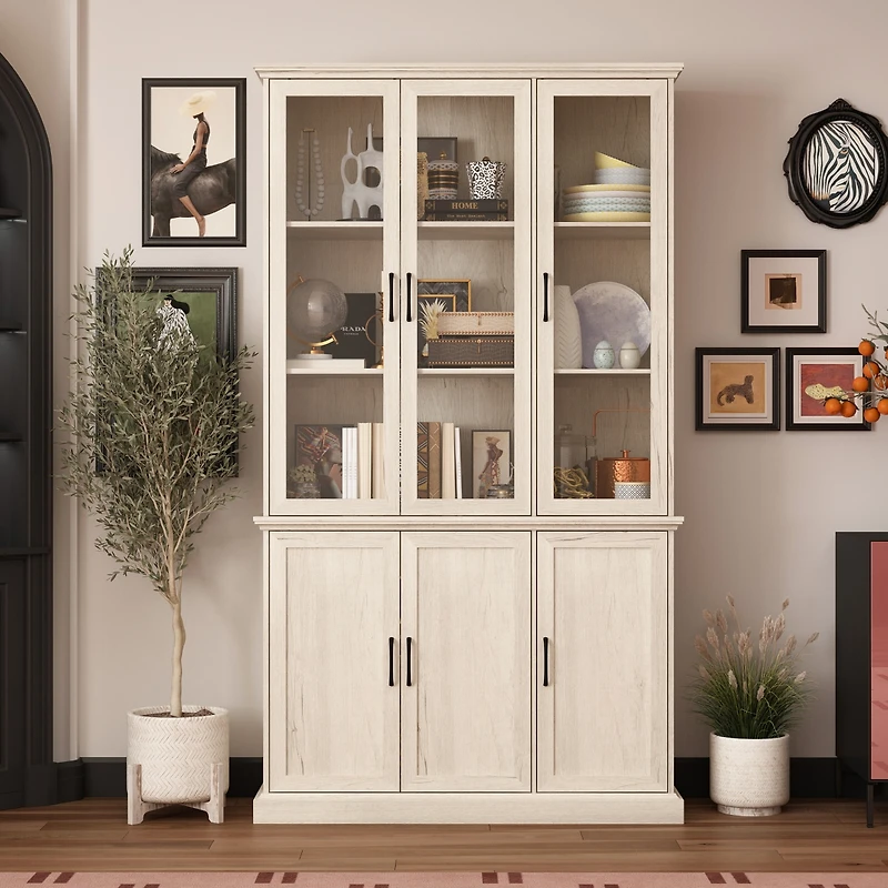 Famapy 5-Shelf Brown Wood Standard Bookcase With 3 Glass Doors and 3 Wood Doors