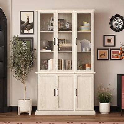 Famapy 5-Shelf Brown Wood Standard Bookcase With 3 Glass Doors and 3 Wood Doors
