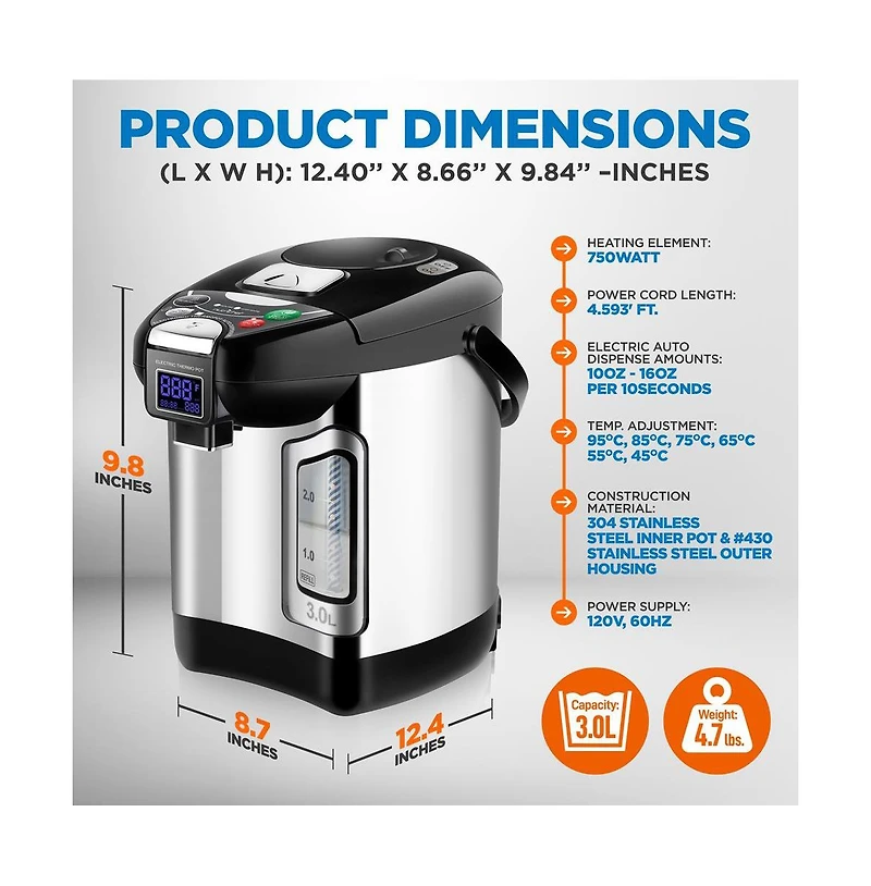 NutriChef 3L Digital Hot Water Dispenser with Adjustable Temperature and 360 Rotating Base - NCHUD43
