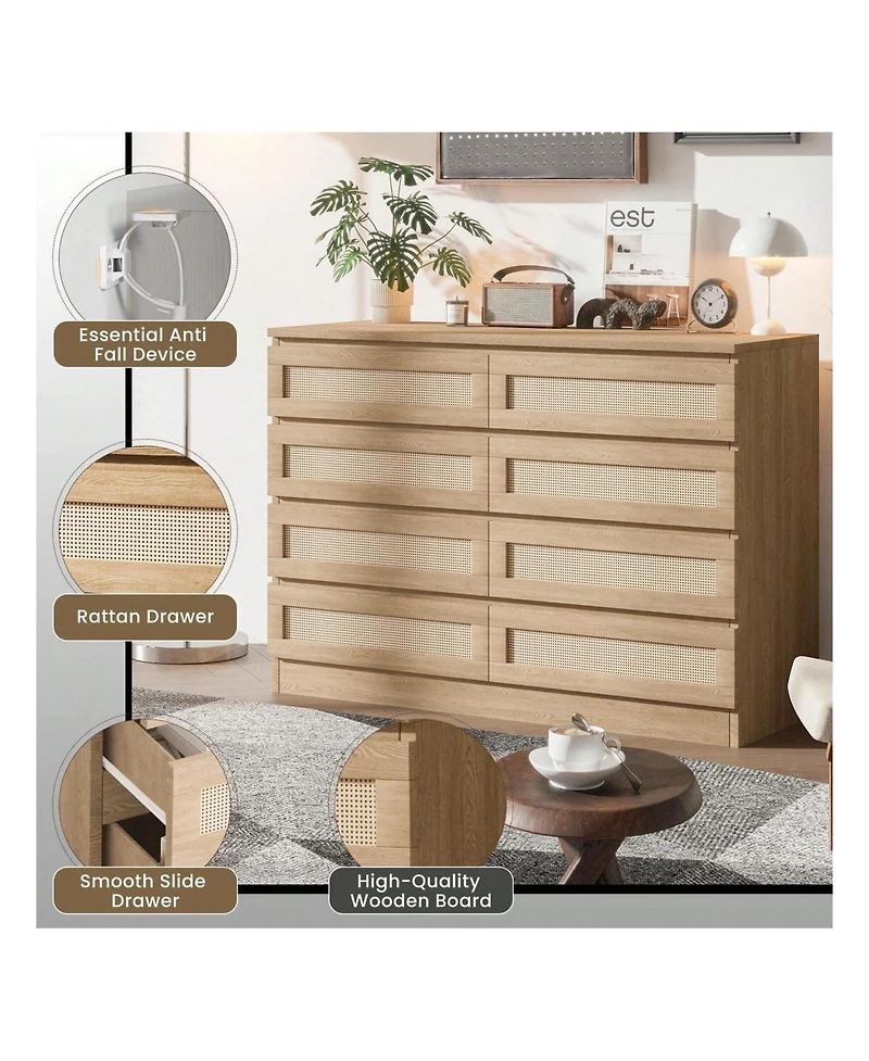 8 Drawer Double Dresser For Bedroom, Rattan Chest Of Dressers