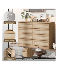 8 Drawer Double Dresser For Bedroom, Rattan Chest Of Dressers