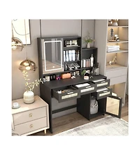 gaomon Makeup Vanity With Lights In 3 Colors And Openable Mirror, Vanity Desk With 4 Drawers, 1 Cabinets And Shelves, Vanity Table Rattan Vanity Dress