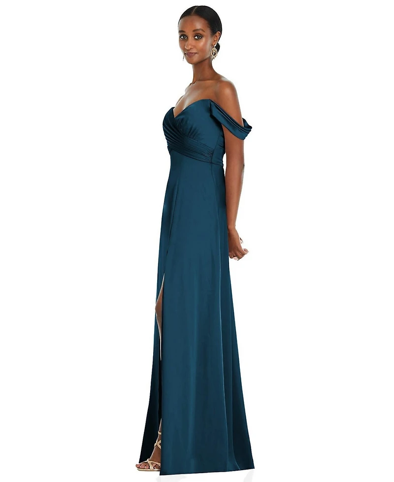 Womens Off-the-Shoulder Flounce Sleeve Empire Waist Gown with Front Slit