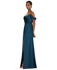 Womens Off-the-Shoulder Flounce Sleeve Empire Waist Gown with Front Slit