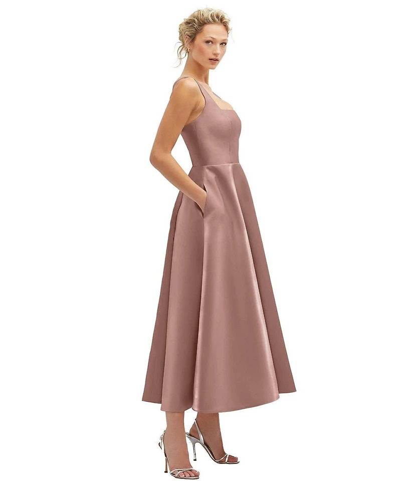 Square Neck Satin Midi Dress with Full Skirt & Pockets