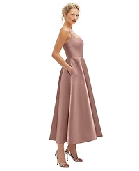 Square Neck Satin Midi Dress with Full Skirt & Pockets